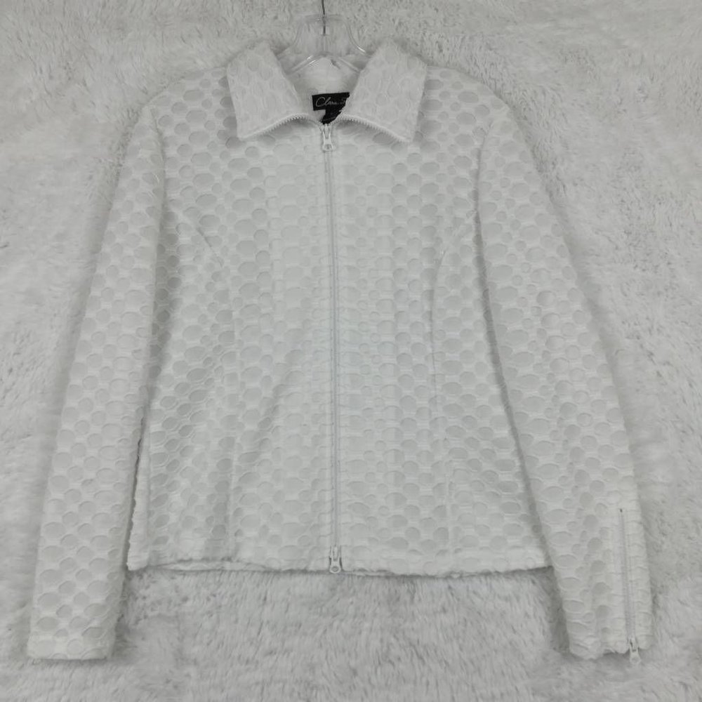 Clara S.‎ Womens Jacket White Polka Dot Full Zip Textured Collar Waist Length L